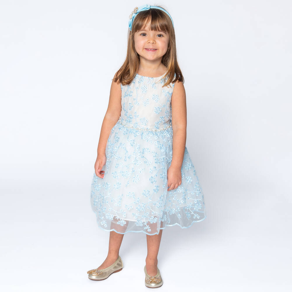 David Charles-Кремово-голубое платье с вышитыми цветами | Childrensalon Outlet