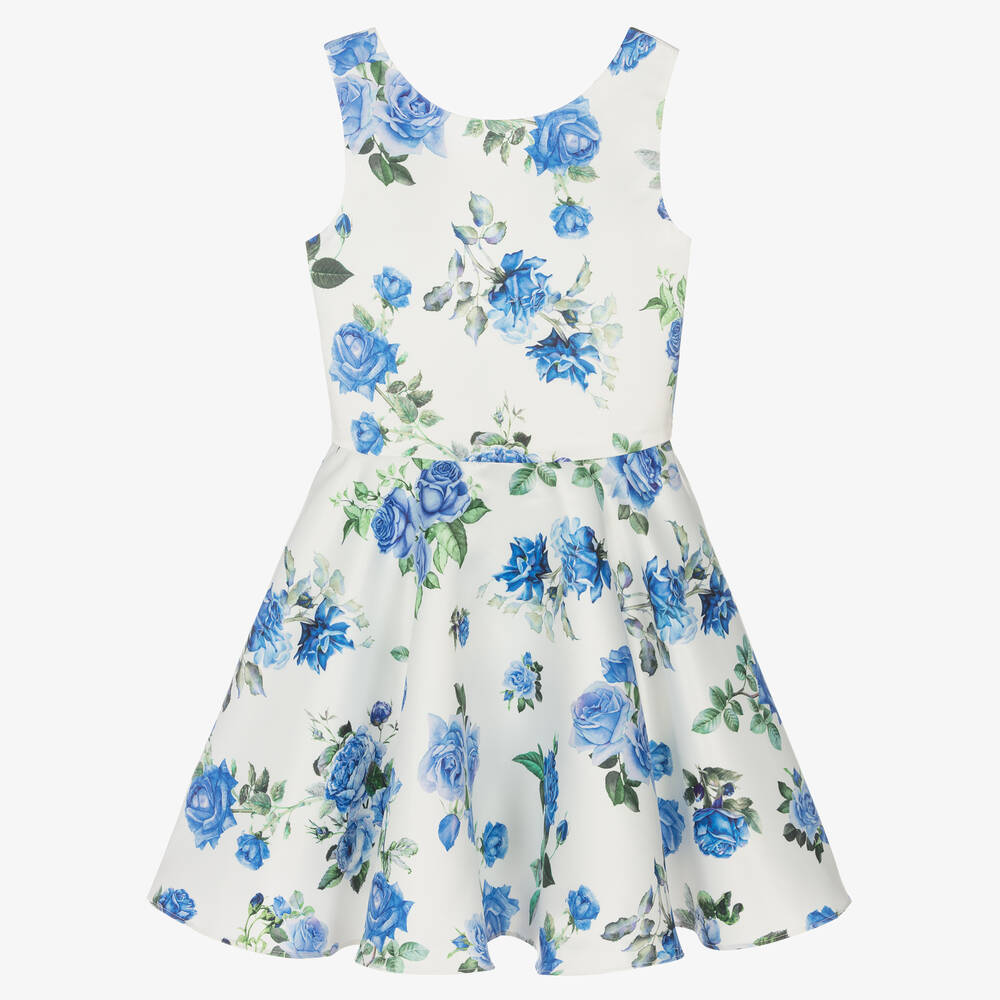David Charles- Girls Ivory & Blue Roses Dress | Childrensalon Outlet