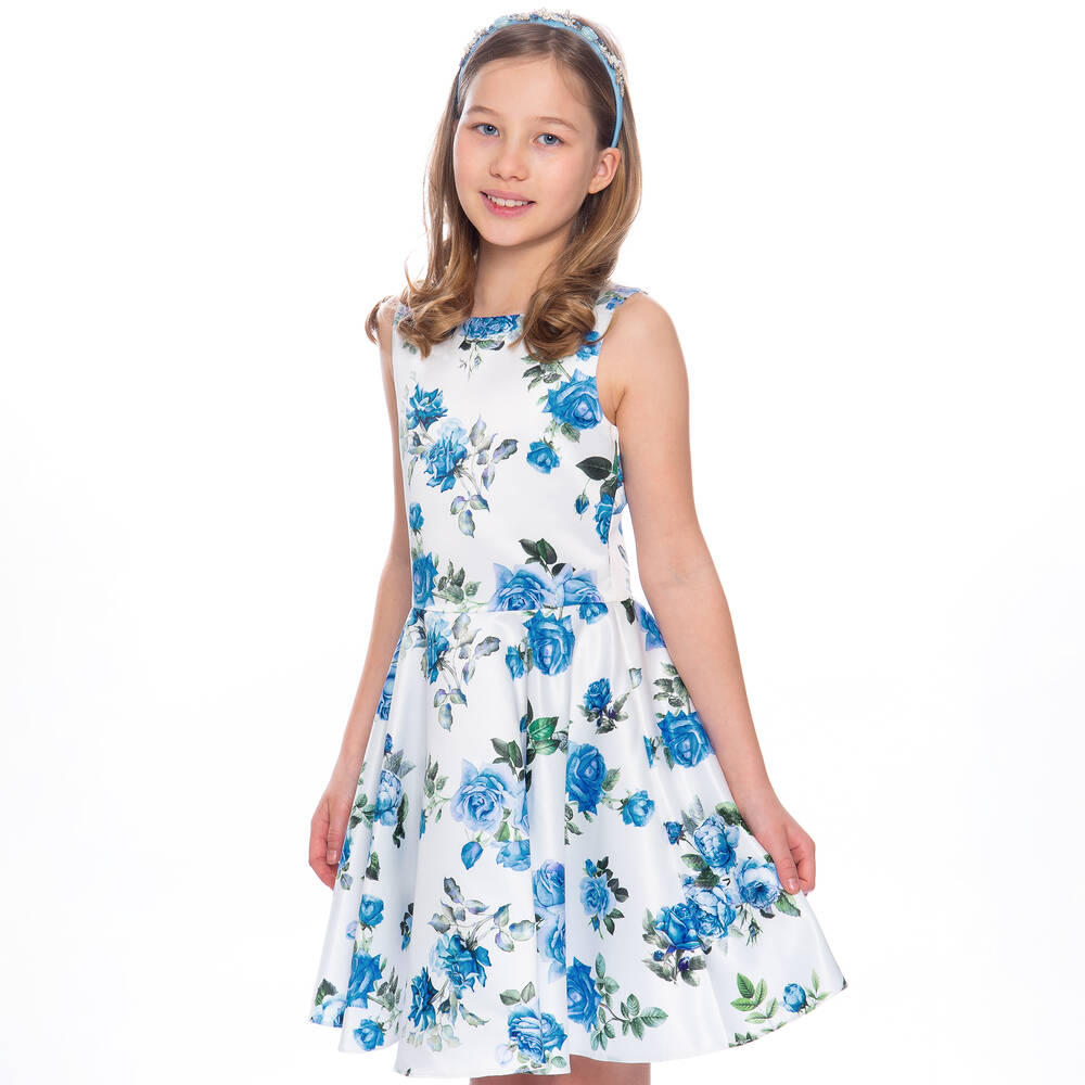David Charles - Girls Ivory & Blue Roses Dress