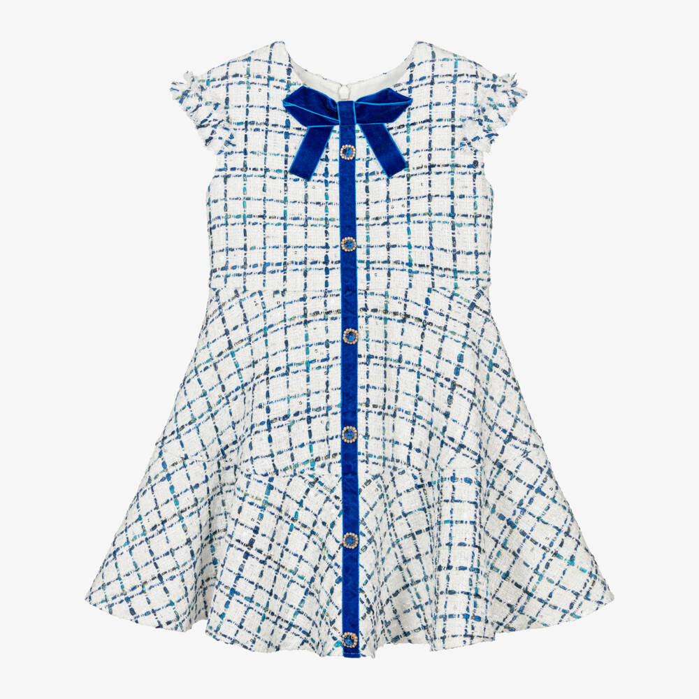 David Charles-Girls Ivory & Blue Sparkly Sequinned Tweed Dress | Childrensalon Outlet
