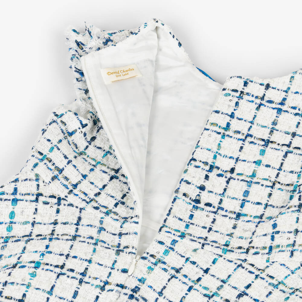 David Charles-Girls Ivory & Blue Sparkly Sequinned Tweed Dress | Childrensalon Outlet