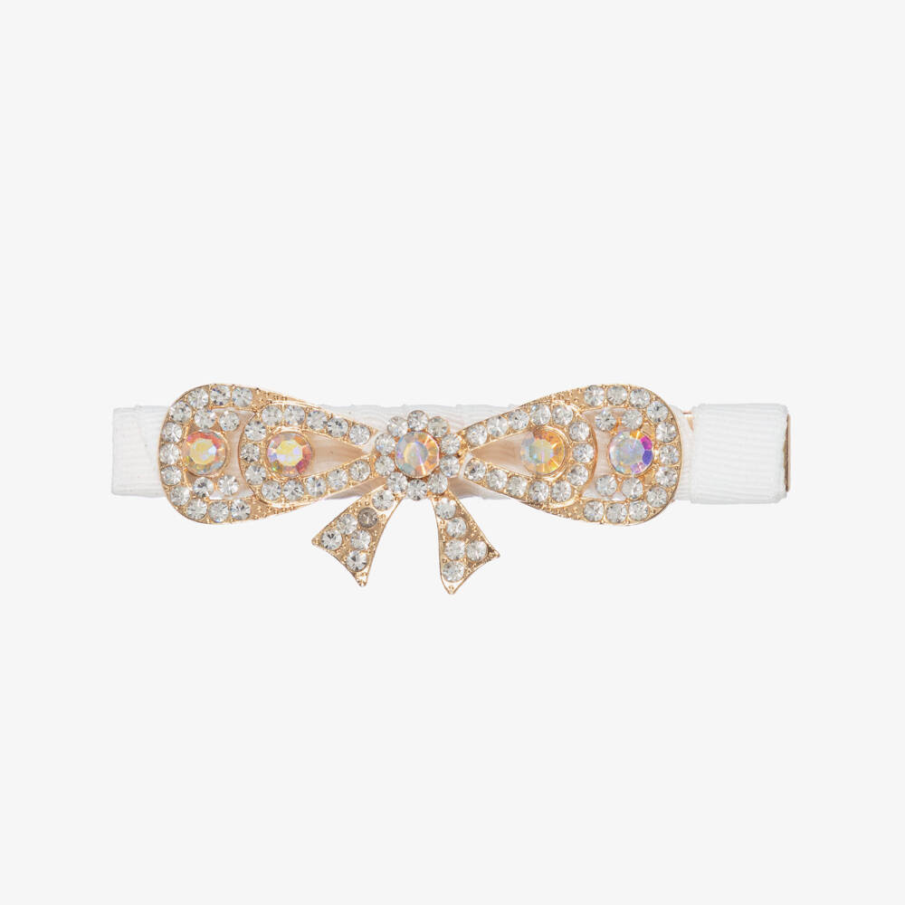 David Charles-Girls Ivory & Diamanté Bow Hair Clip (8cm) | Childrensalon Outlet