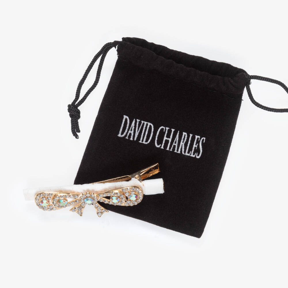 David Charles-Girls Ivory & Diamanté Bow Hair Clip (8cm) | Childrensalon Outlet