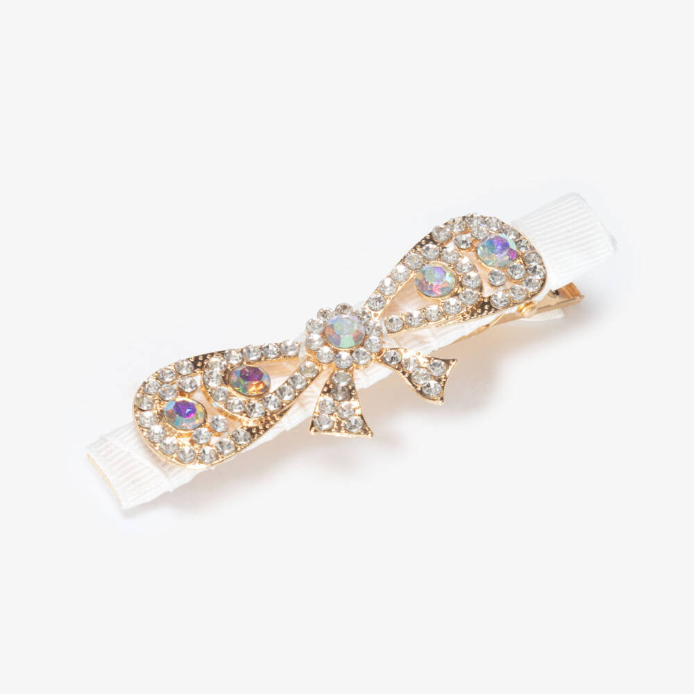 David Charles-Girls Ivory & Diamanté Bow Hair Clip (8cm) | Childrensalon Outlet
