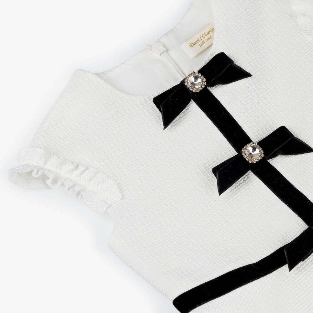 David Charles-Girls Ivory Dress with Black Velvet Bows | Childrensalon Outlet