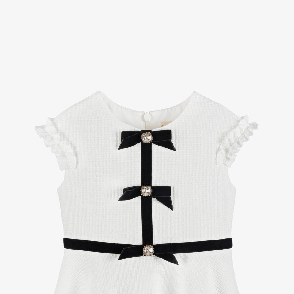 David Charles-Girls Ivory Dress with Black Velvet Bows | Childrensalon Outlet