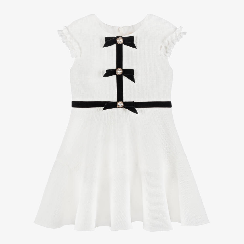 David Charles-Girls Ivory Dress with Black Velvet Bows | Childrensalon Outlet