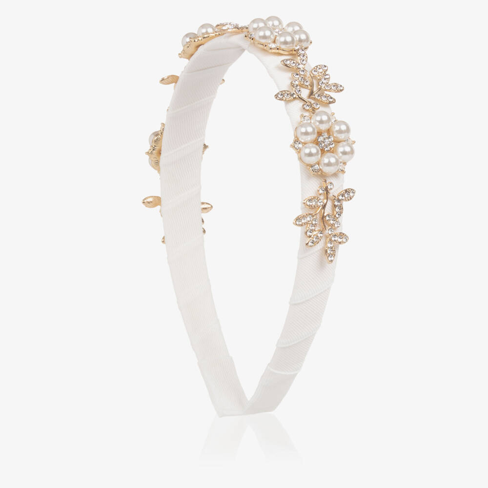David Charles-Girls Ivory & Gold Flower Hairband with Pearls | Childrensalon Outlet