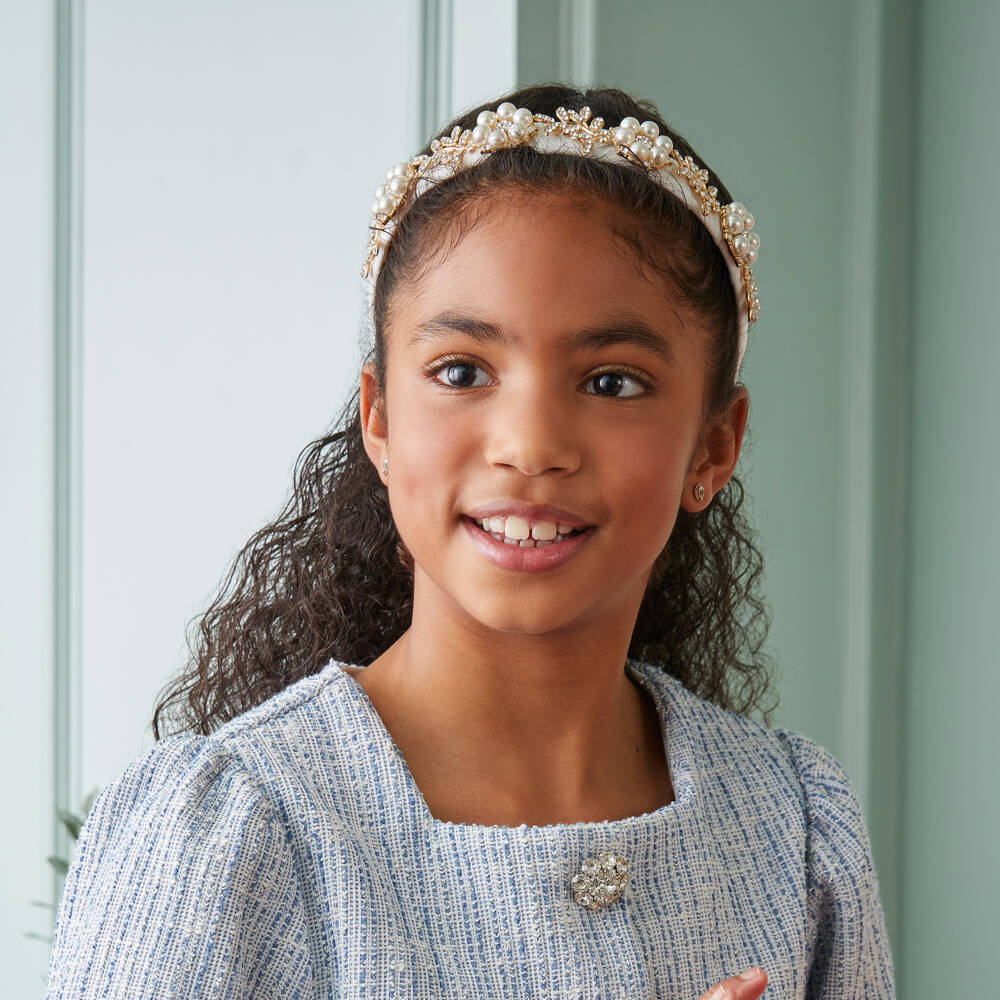David Charles-Girls Ivory & Gold Flower Hairband with Pearls | Childrensalon Outlet