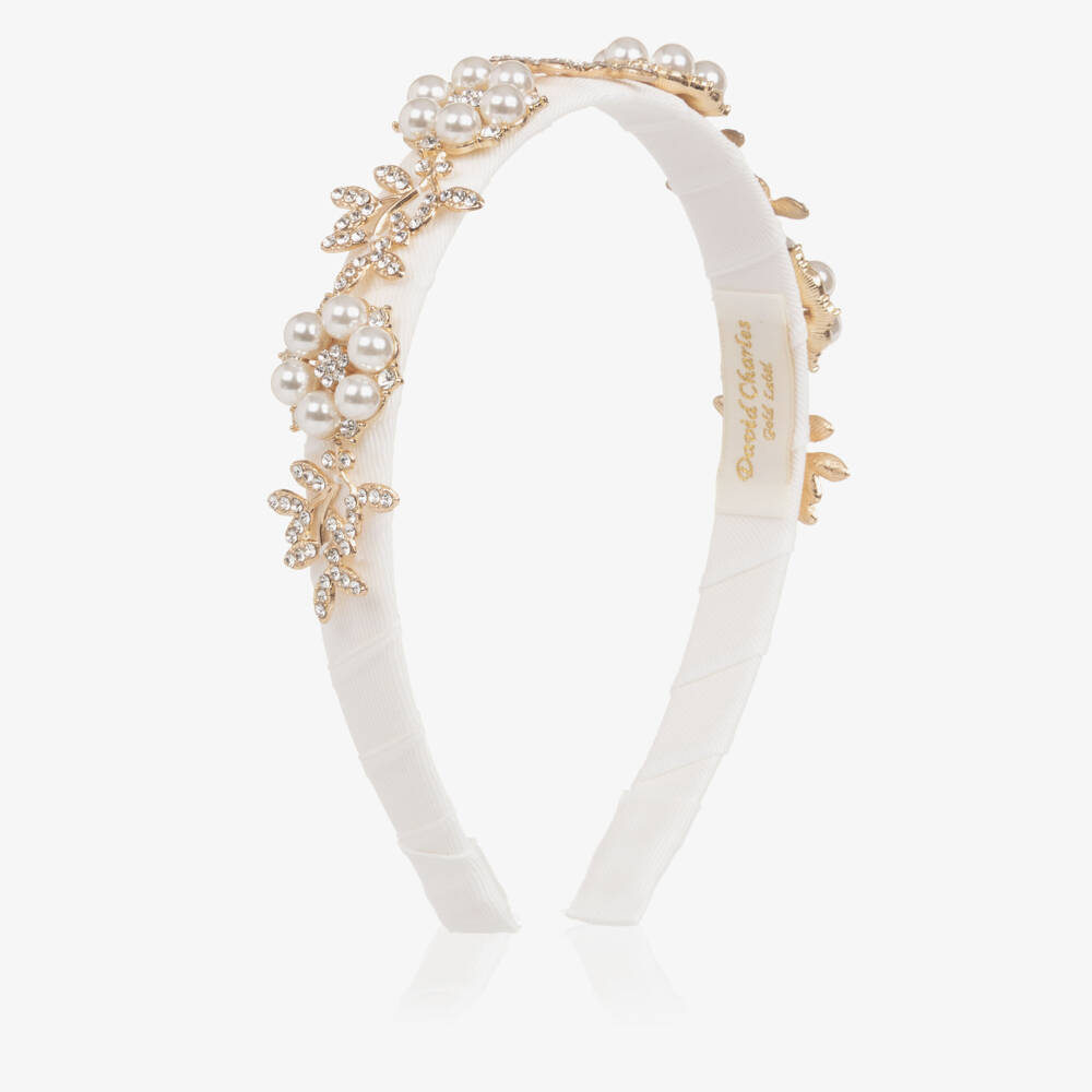David Charles-Girls Ivory & Gold Flower Hairband with Pearls | Childrensalon Outlet