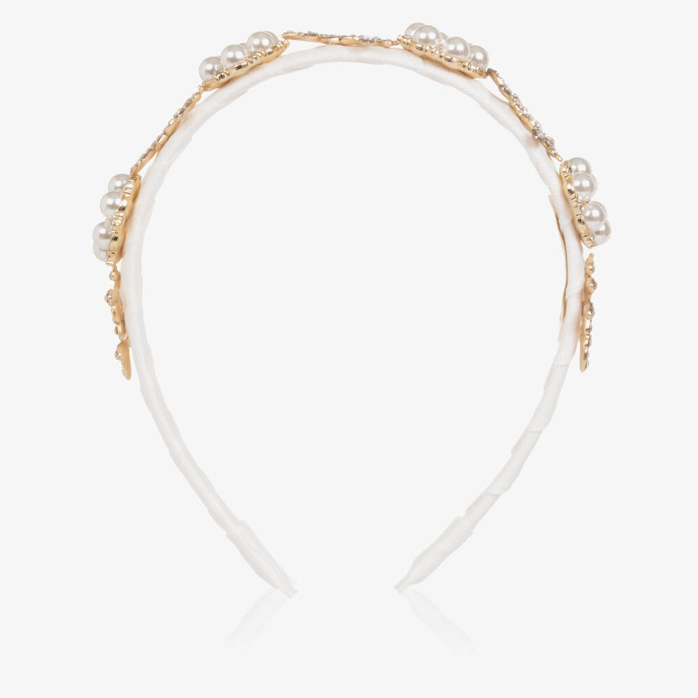 David Charles-Girls Ivory & Gold Flower Hairband with Pearls | Childrensalon Outlet