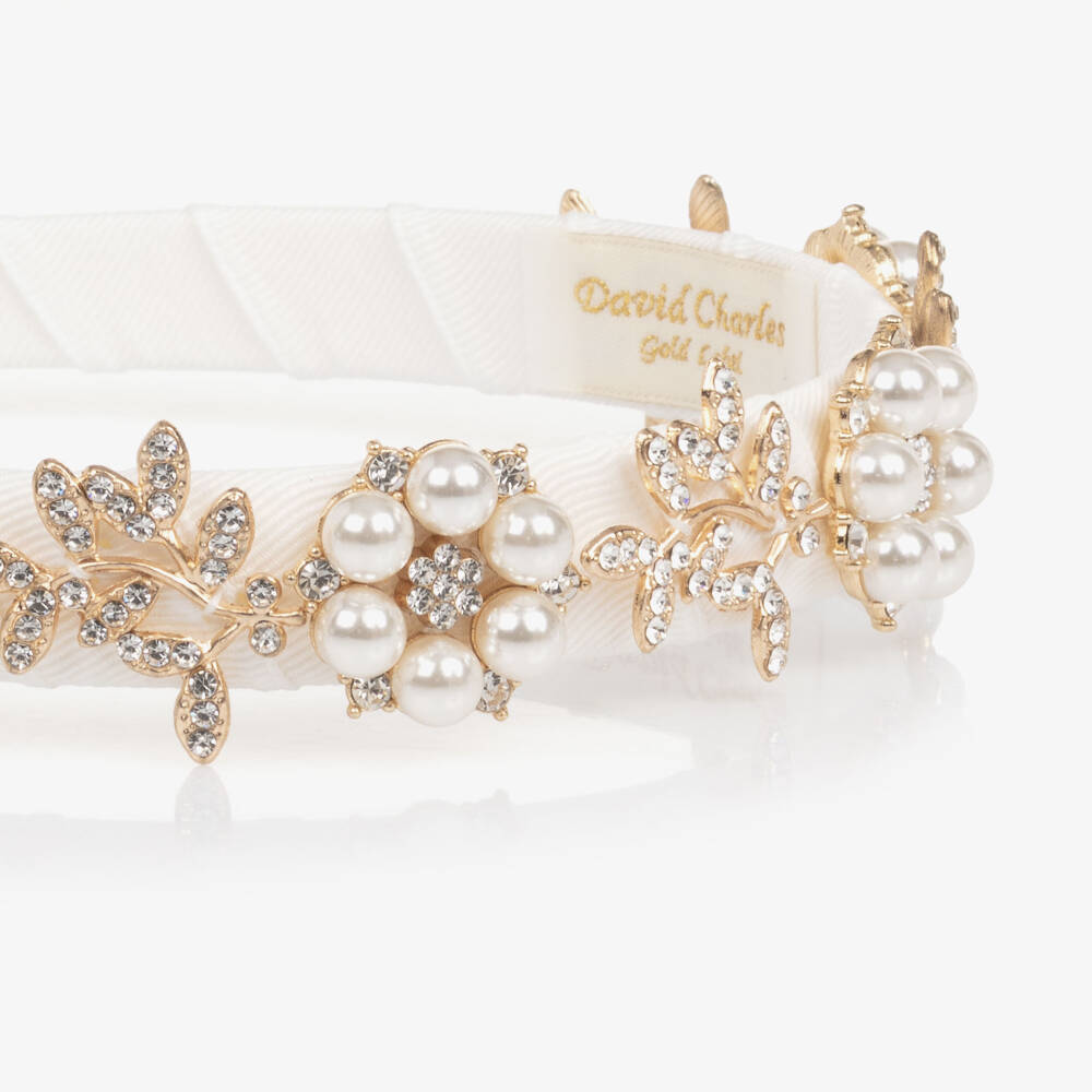 David Charles-Girls Ivory & Gold Flower Hairband with Pearls | Childrensalon Outlet