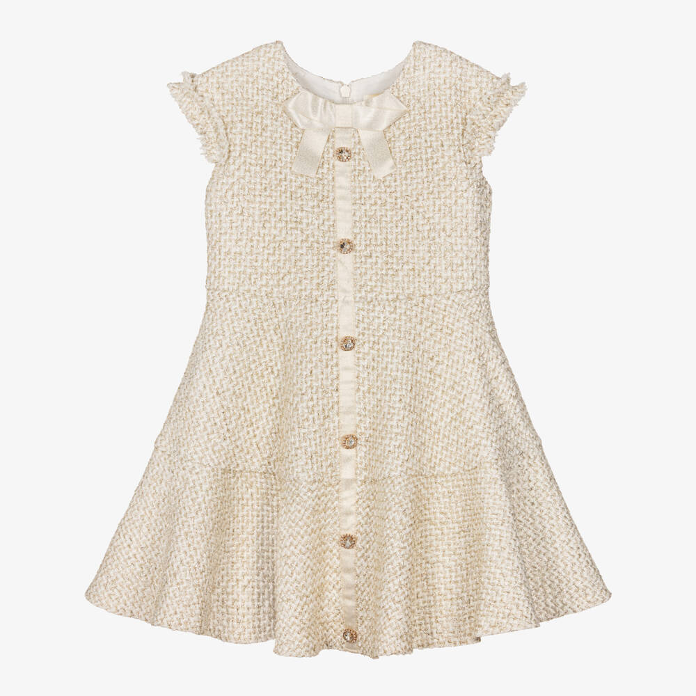 David Charles-Girls Ivory & Gold Jewelled Button Tweed Dress | Childrensalon Outlet
