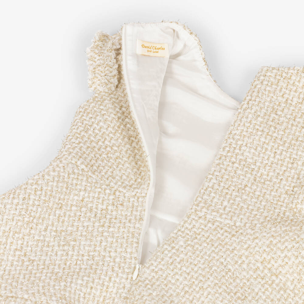 David Charles-Girls Ivory & Gold Jewelled Button Tweed Dress | Childrensalon Outlet