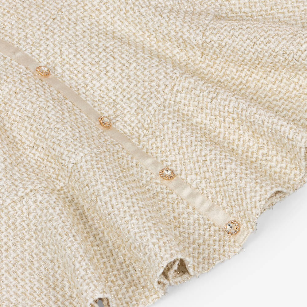 David Charles-Girls Ivory & Gold Jewelled Button Tweed Dress | Childrensalon Outlet