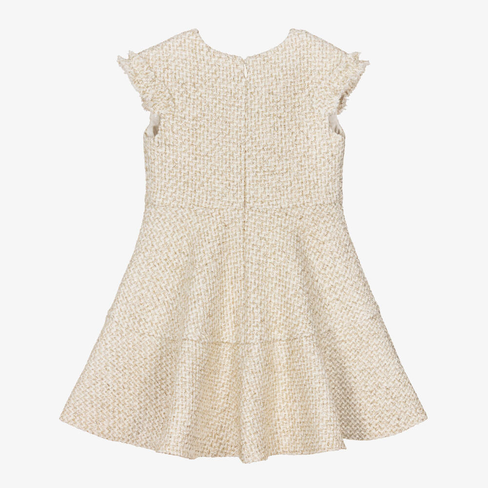 David Charles-Girls Ivory & Gold Jewelled Button Tweed Dress | Childrensalon Outlet