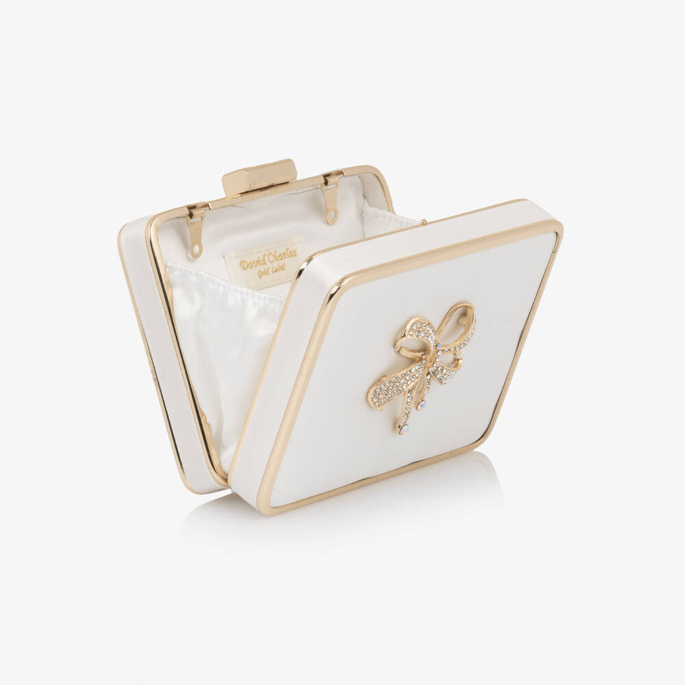 David Charles-Girls Ivory & Gold Satin Shoulder Bag with Diamanté Bow | Childrensalon Outlet