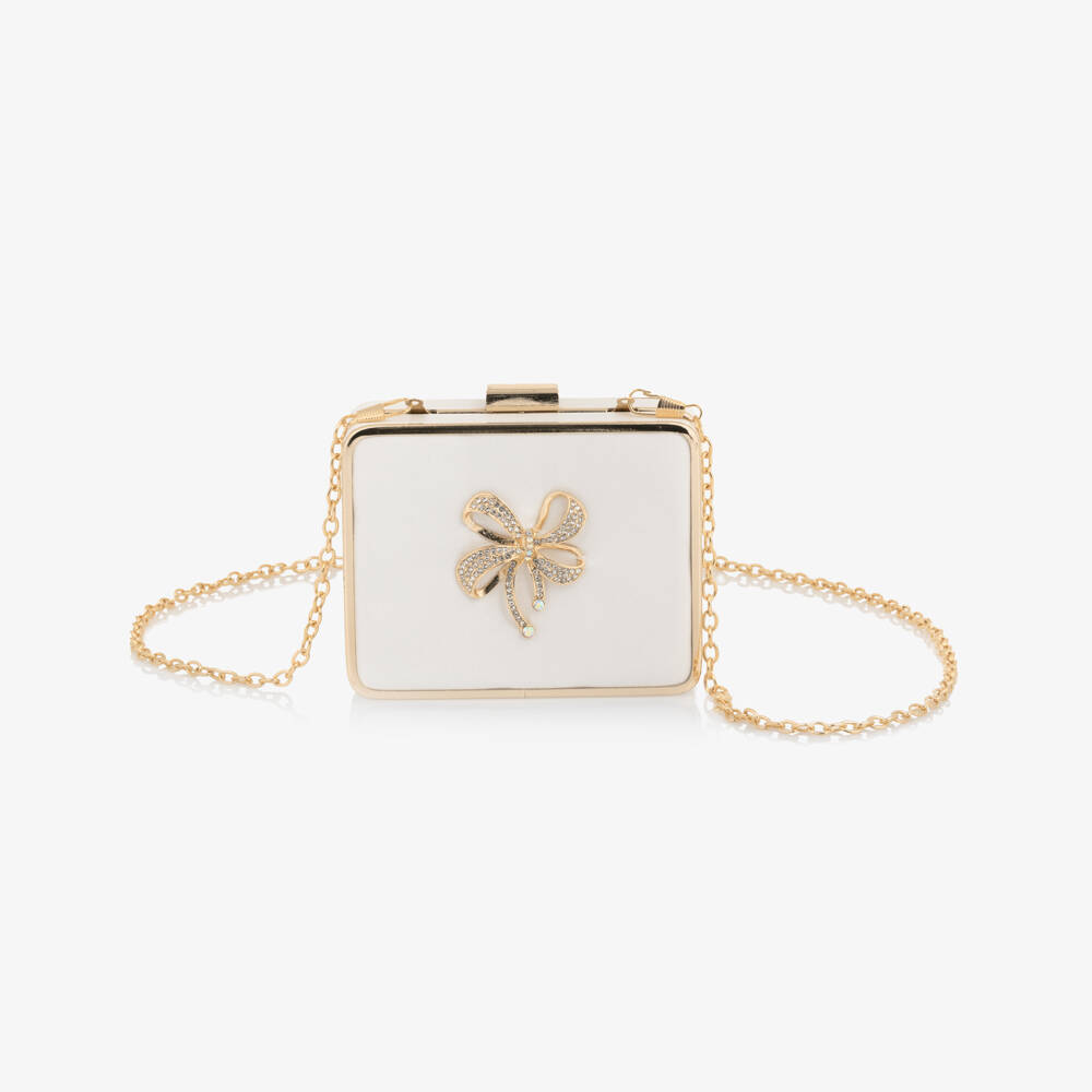 David Charles-Girls Ivory & Gold Satin Shoulder Bag with Diamanté Bow | Childrensalon Outlet