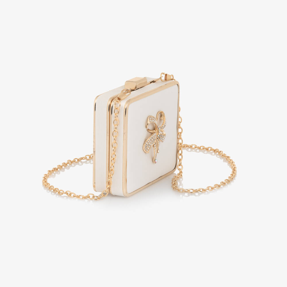 David Charles-Girls Ivory & Gold Satin Shoulder Bag with Diamanté Bow | Childrensalon Outlet