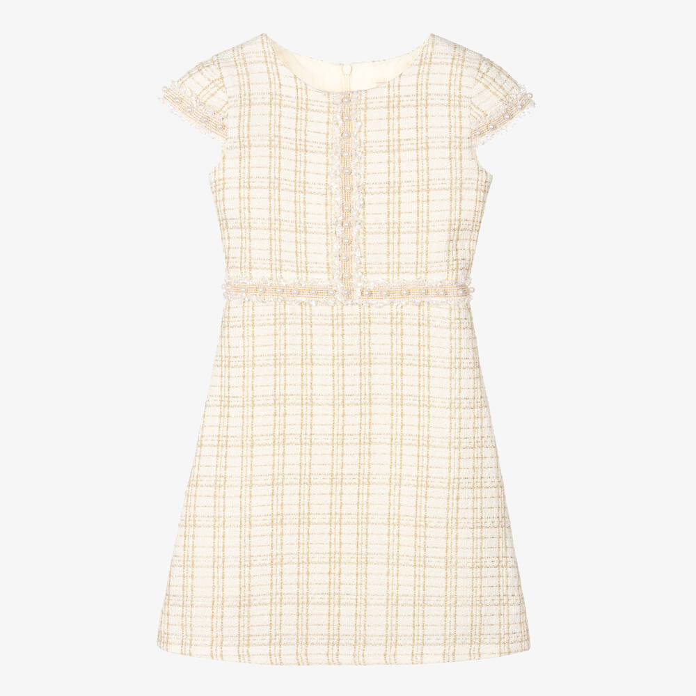 Girls Ivory Gold Tweed Pearl Dress