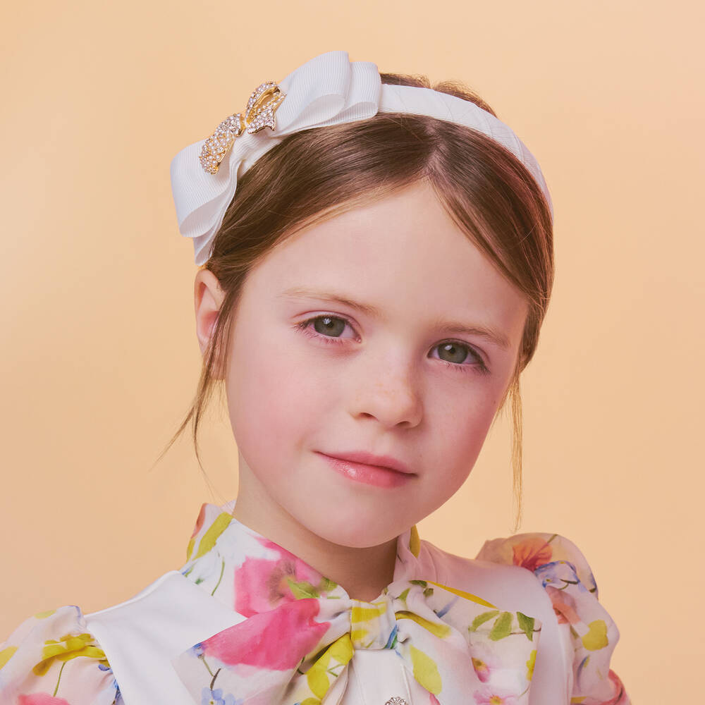 David Charles-Girls Ivory Grosgrain Bow Hairband | Childrensalon Outlet
