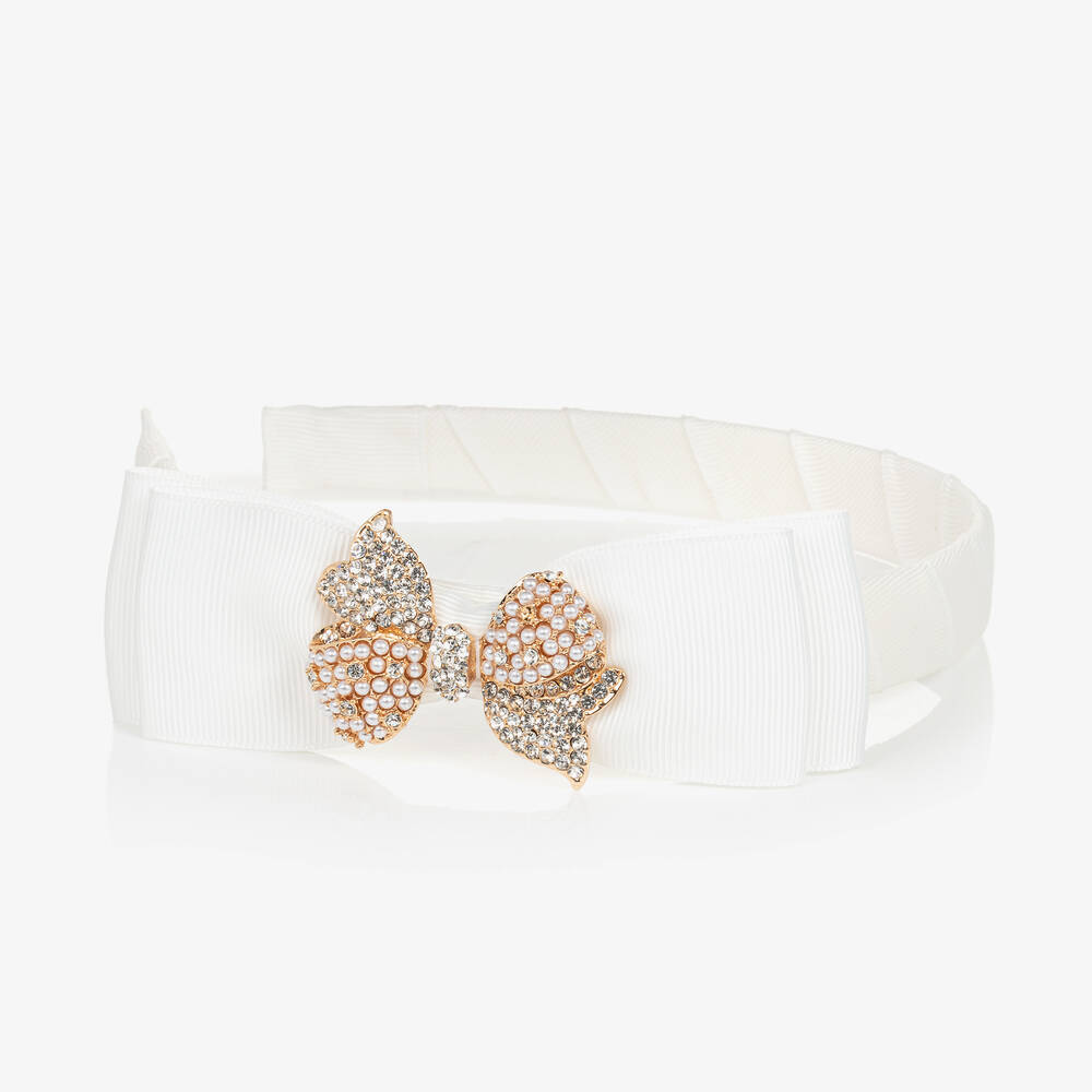 David Charles-Girls Ivory Grosgrain Bow Hairband | Childrensalon Outlet