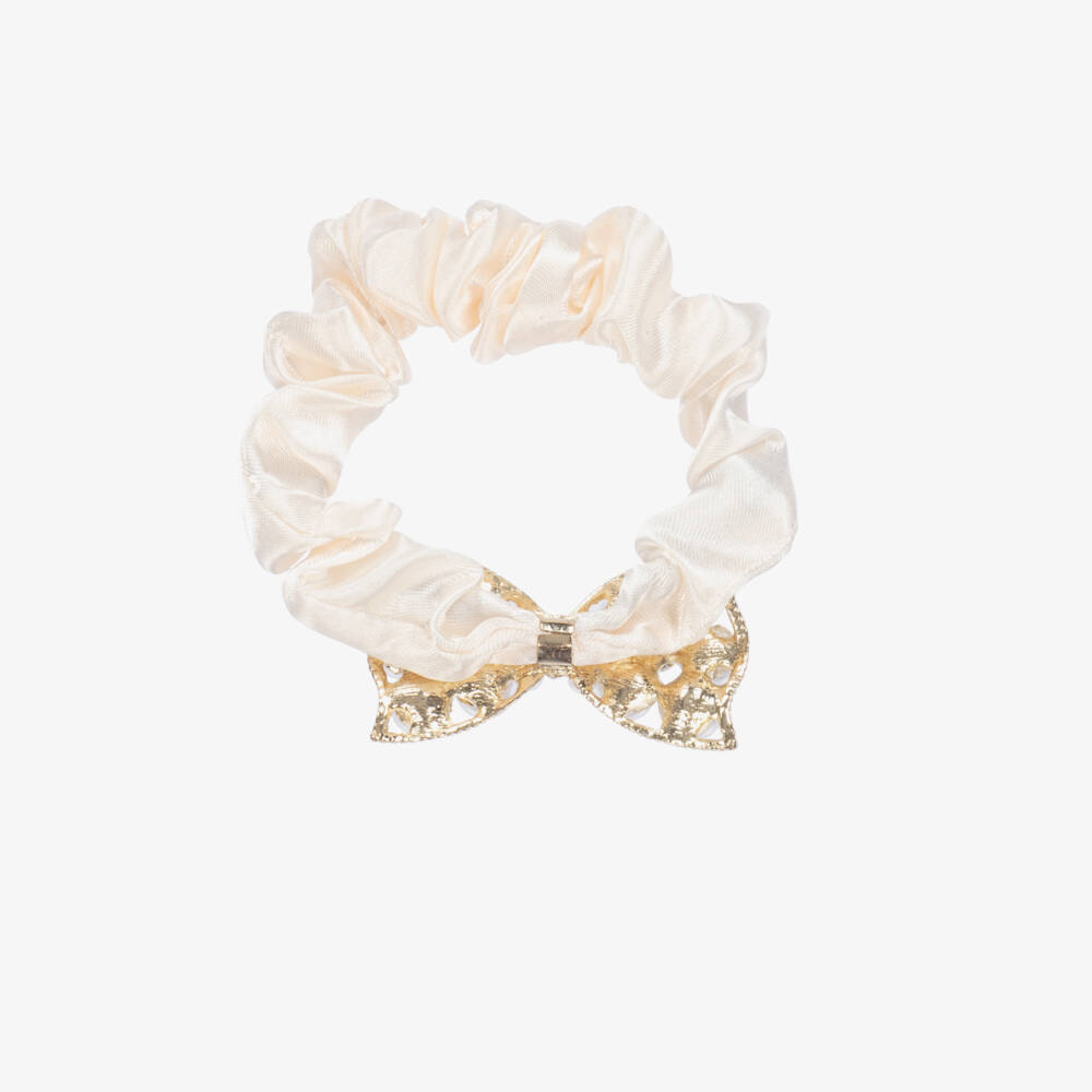David Charles-Girls Ivory Pearl Bow Scrunchie | Childrensalon Outlet