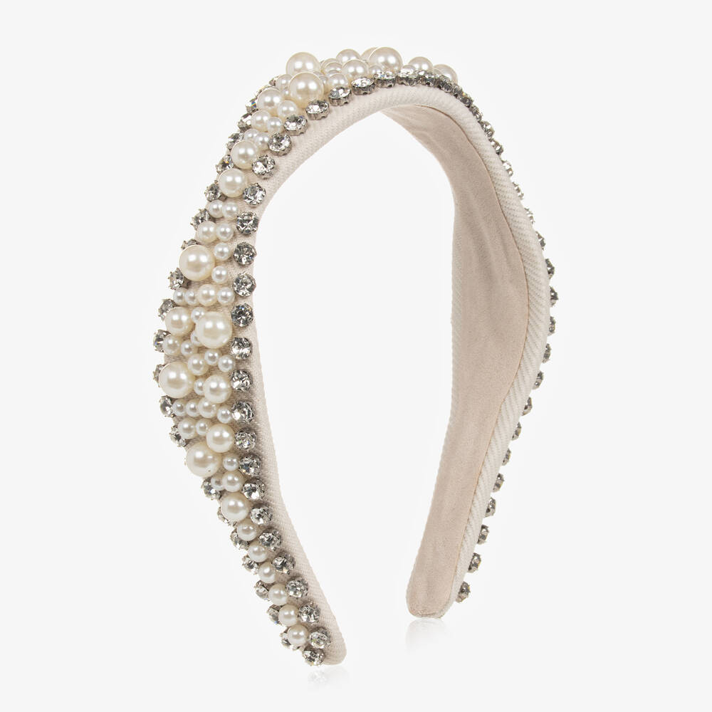 David Charles-طوق شعر لون عاجي للبنات مزين بلؤلؤ وكريستال | Childrensalon Outlet