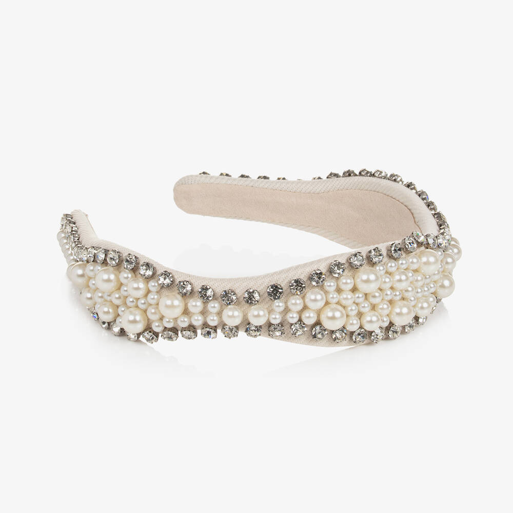 David Charles-طوق شعر لون عاجي للبنات مزين بلؤلؤ وكريستال | Childrensalon Outlet
