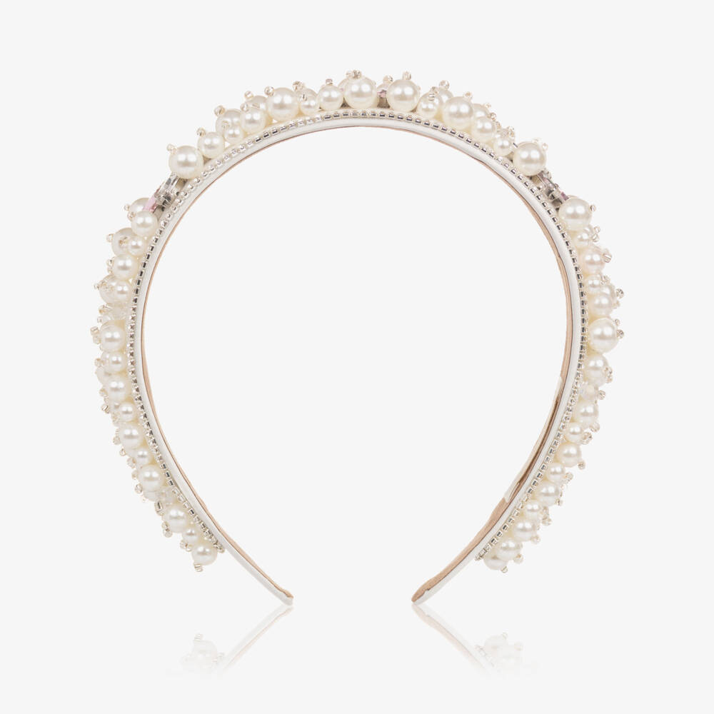 David Charles-Girls Ivory Pearl & Pink Crystal Embellished Hairband | Childrensalon Outlet
