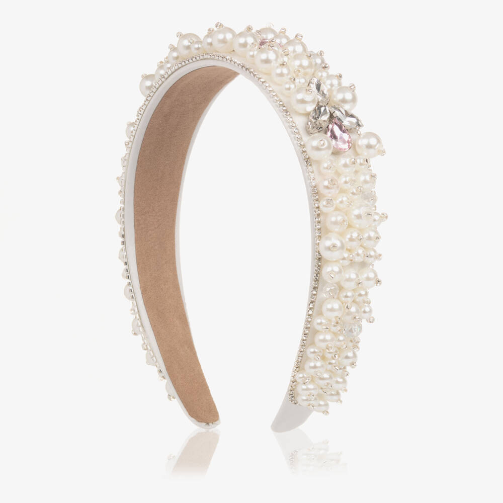 David Charles-Girls Ivory Pearl & Pink Crystal Embellished Hairband | Childrensalon Outlet