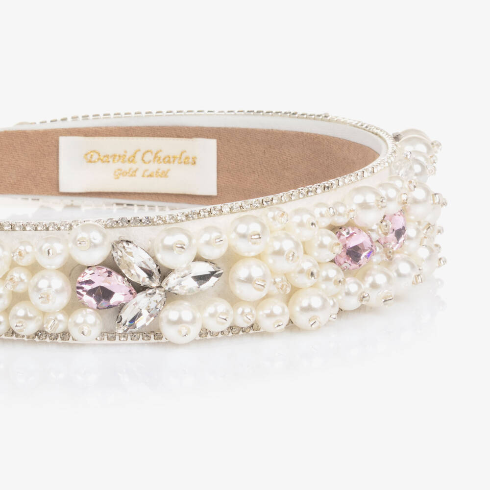 David Charles-Girls Ivory Pearl & Pink Crystal Embellished Hairband | Childrensalon Outlet