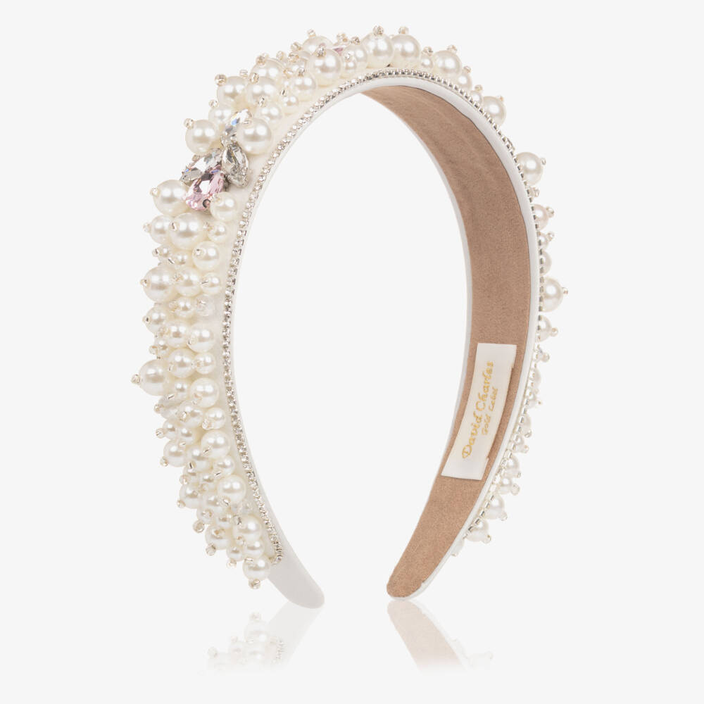 David Charles-Girls Ivory Pearl & Pink Crystal Embellished Hairband | Childrensalon Outlet