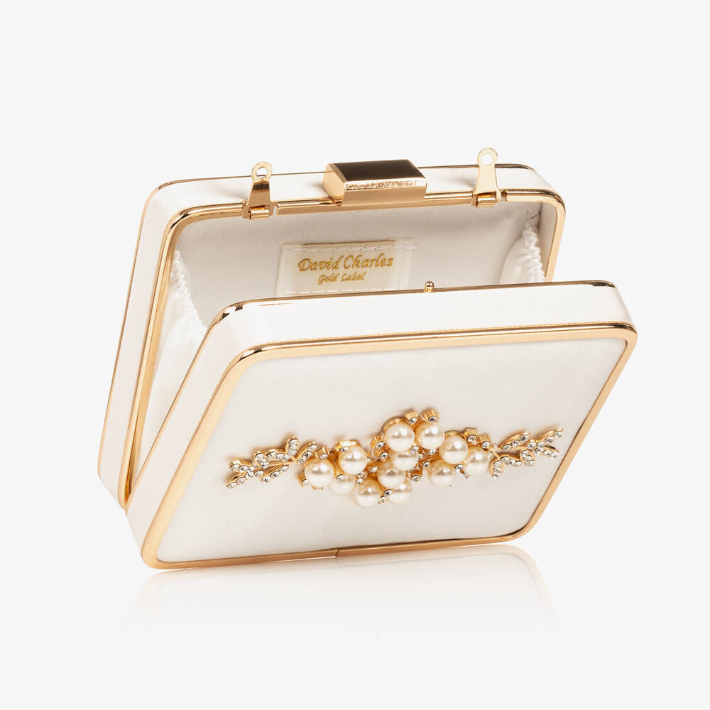 David Charles-Girls Ivory Satin Pearl Handbag (12cm) | Childrensalon Outlet