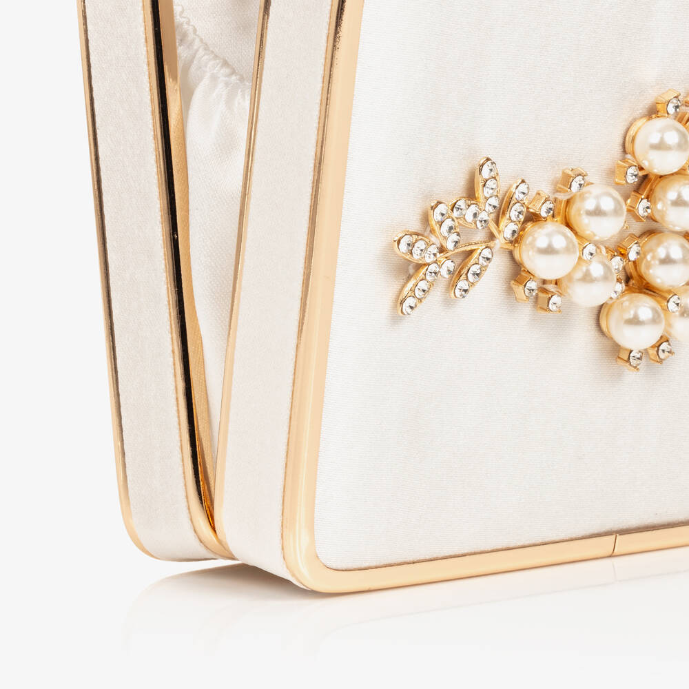David Charles-Girls Ivory Satin Pearl Handbag (12cm) | Childrensalon Outlet