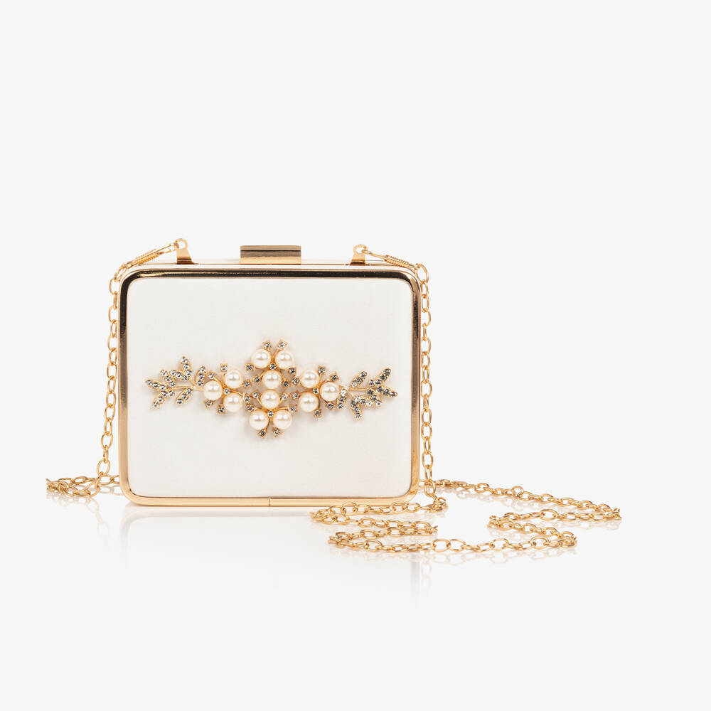 David Charles-Girls Ivory Satin Pearl Handbag (12cm) | Childrensalon Outlet