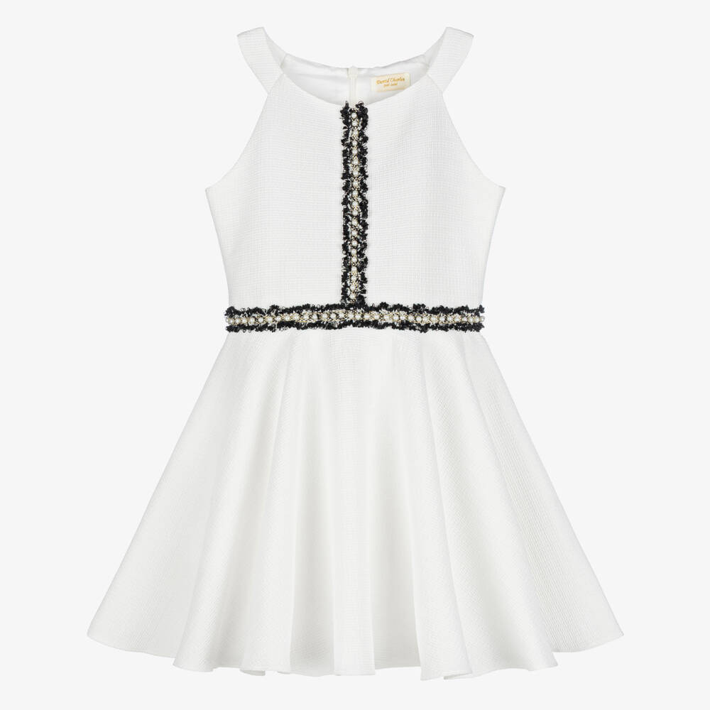 David Charles-Girls Ivory Sleeveless Dress with Pearl Tweed Trim | Childrensalon Outlet