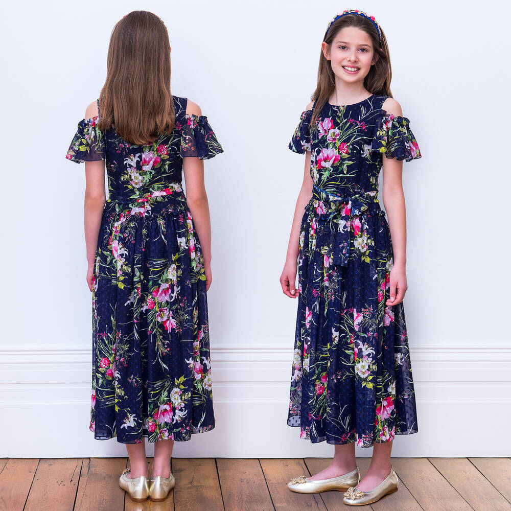 David Charles-Girls Long Blue Chiffon Dress | Childrensalon Outlet