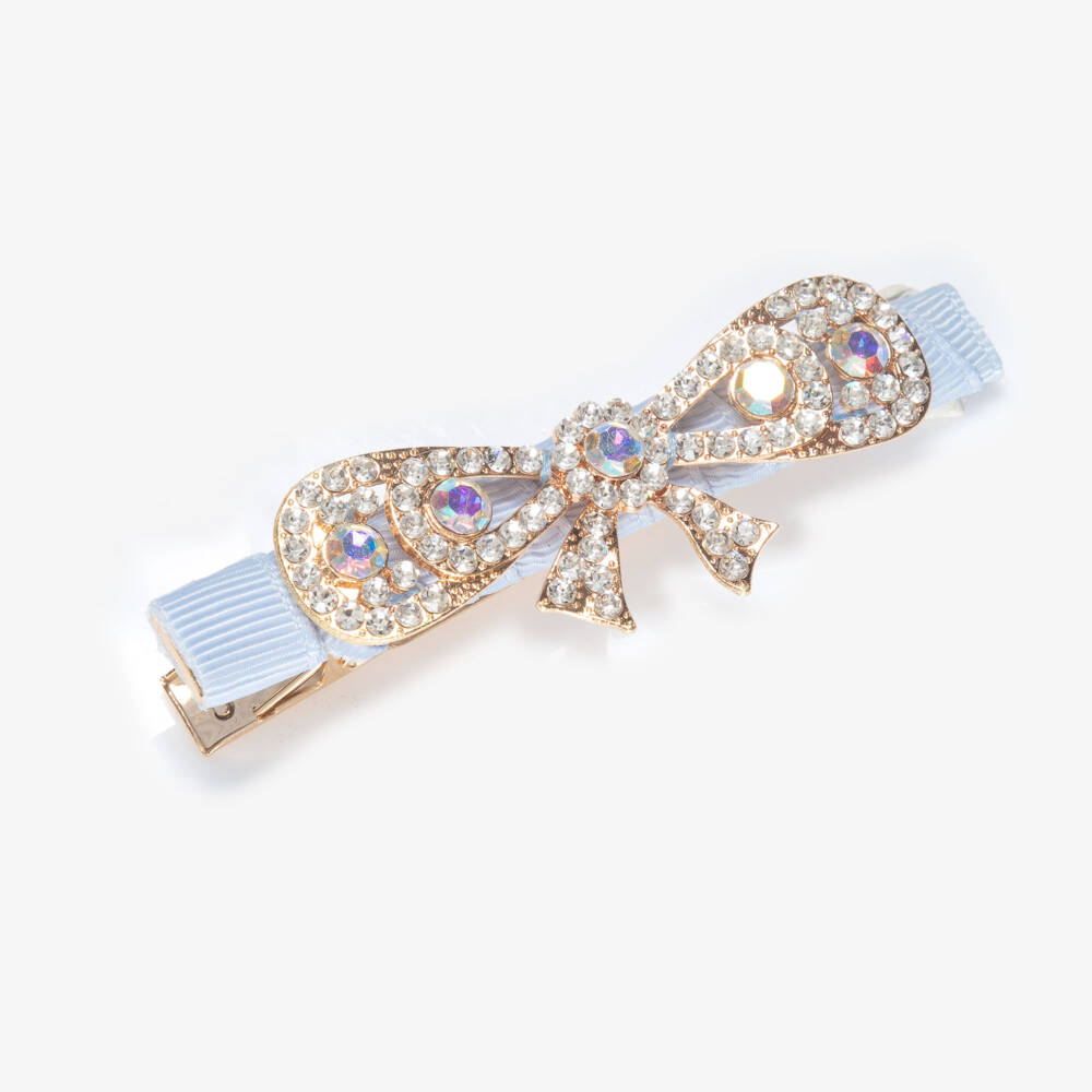 David Charles-Girls Pale Blue & Diamanté Bow Hair Clip (8cm) | Childrensalon Outlet