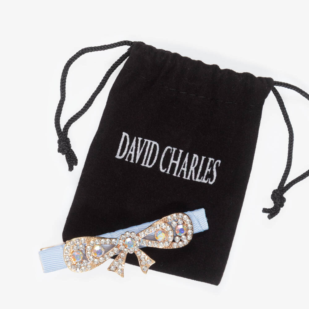 David Charles-Girls Pale Blue & Diamanté Bow Hair Clip (8cm) | Childrensalon Outlet
