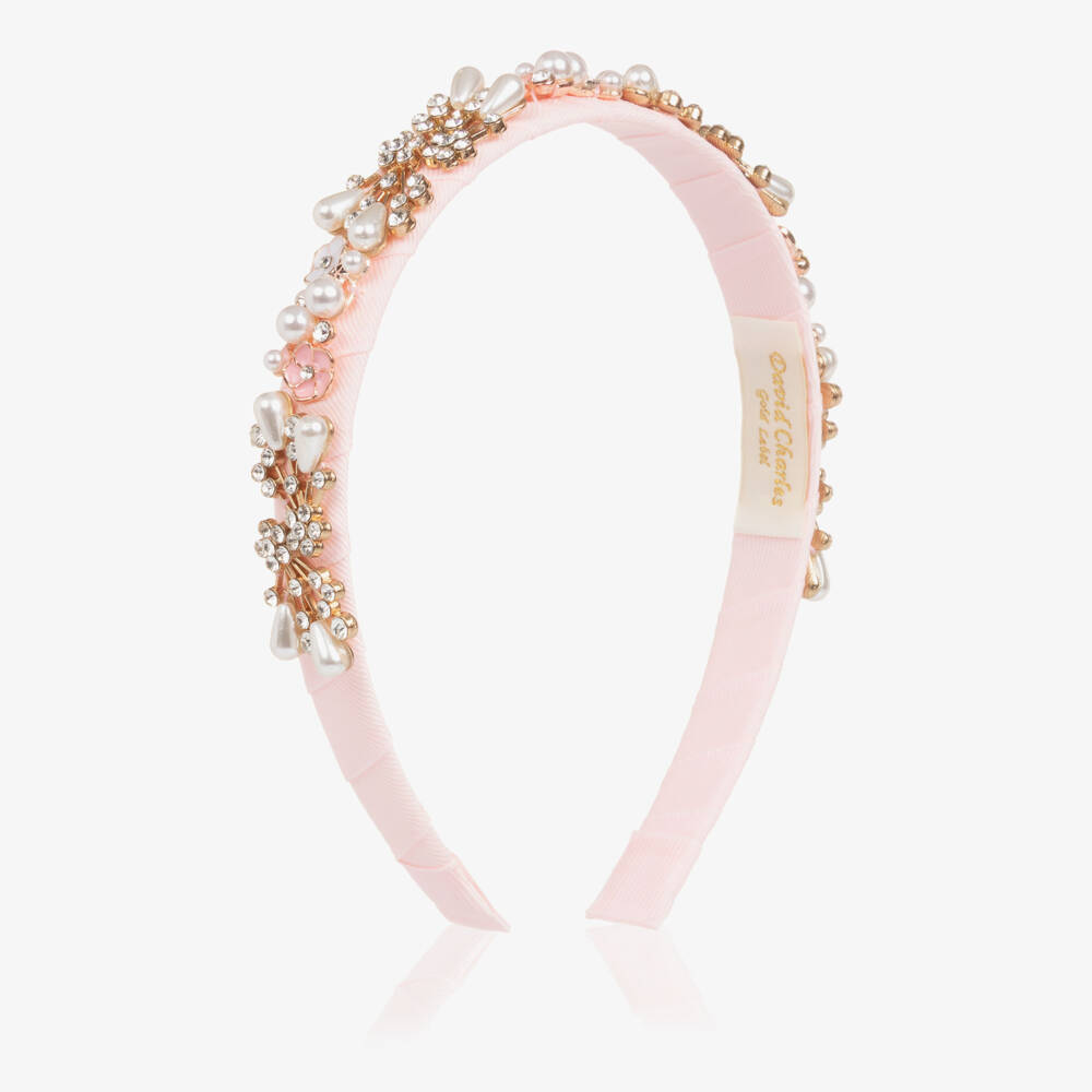 David Charles-Girls Pale Pink Hairband with Crystals & Pearl Beads | Childrensalon Outlet