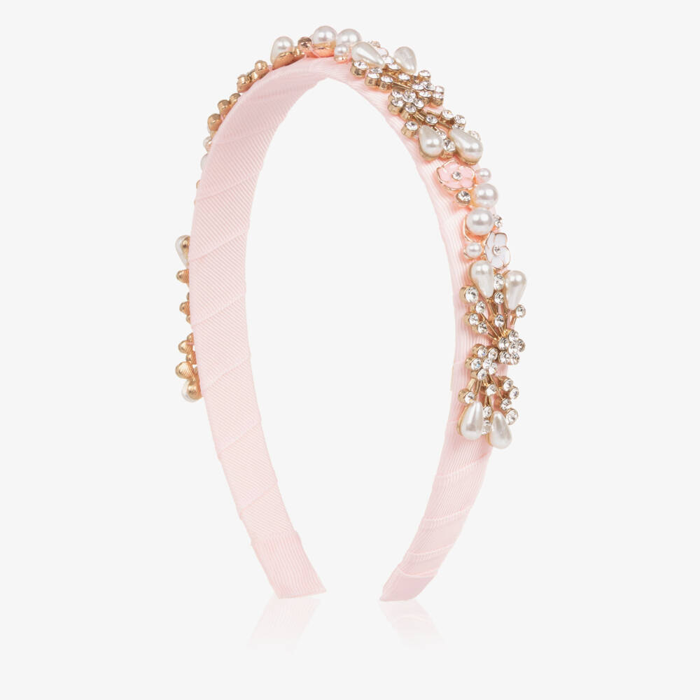 David Charles-Girls Pale Pink Hairband with Crystals & Pearl Beads | Childrensalon Outlet