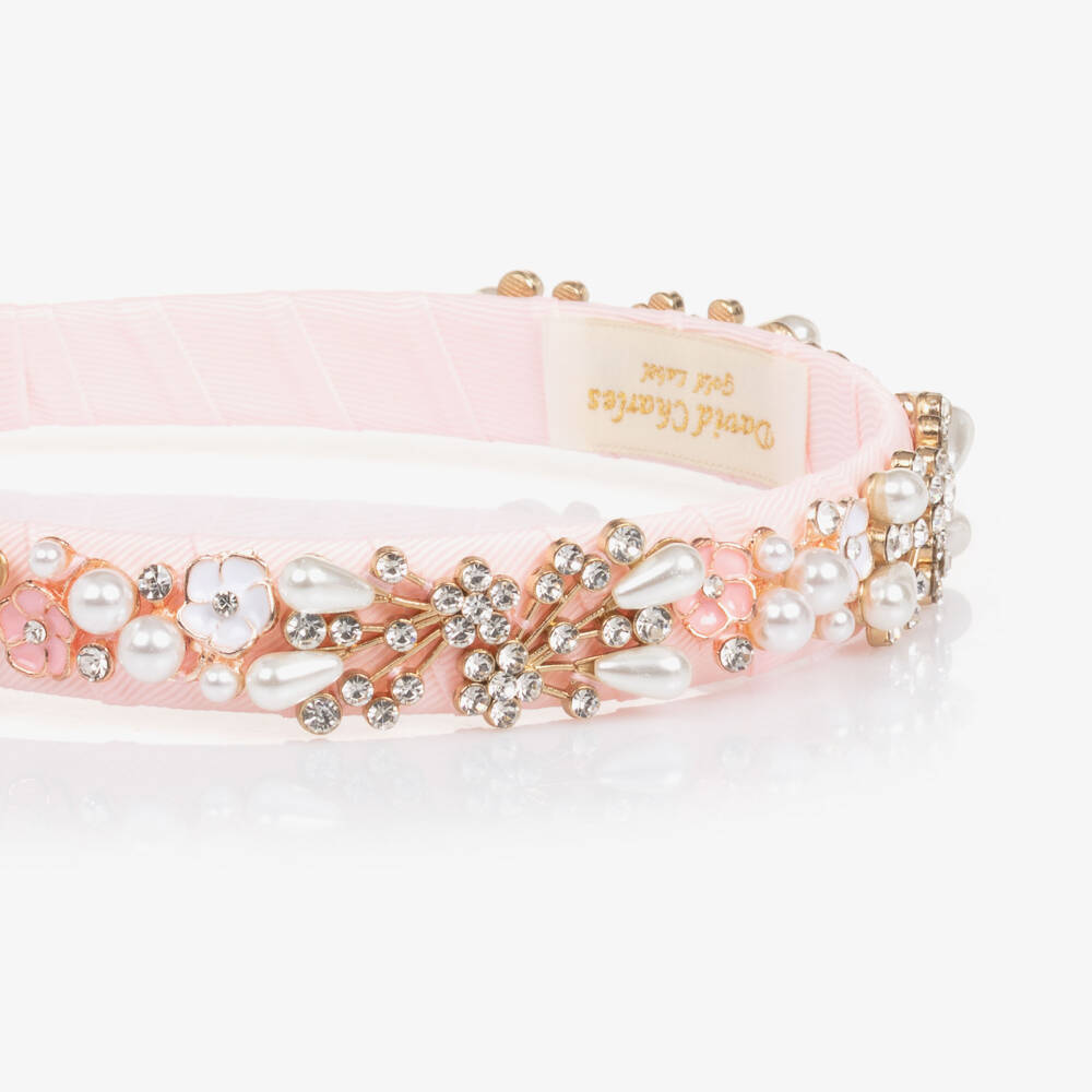 David Charles-Girls Pale Pink Hairband with Crystals & Pearl Beads | Childrensalon Outlet
