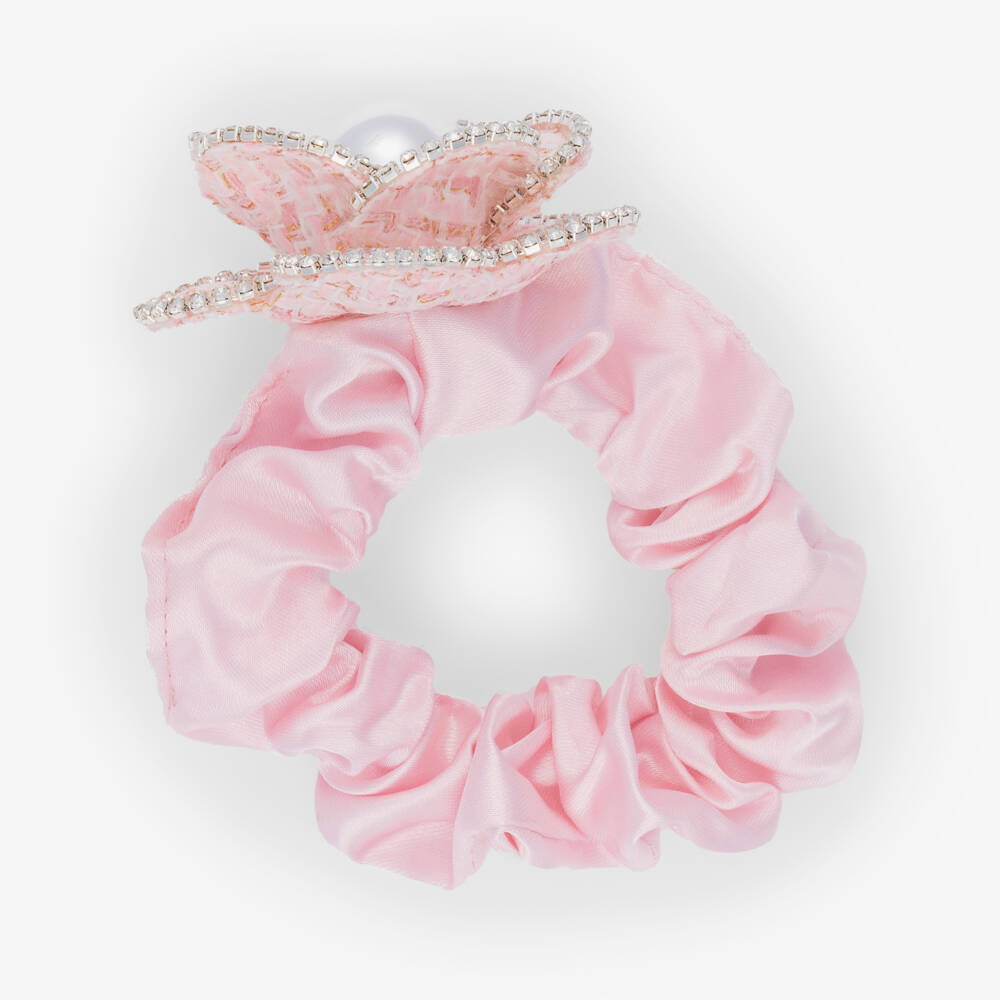 David Charles-Girls Pale Pink Satin & Diamanté Flower Hair Elastic | Childrensalon Outlet