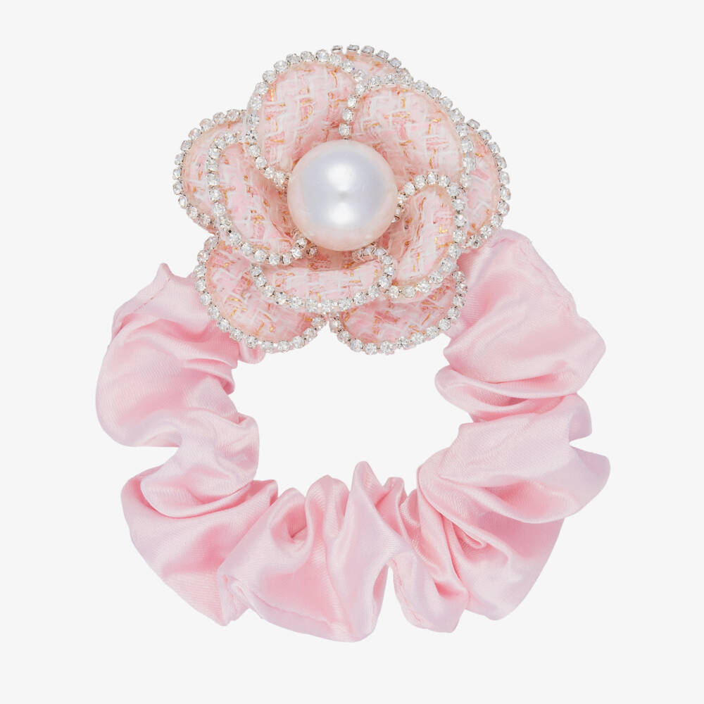 David Charles-Girls Pale Pink Satin & Diamanté Flower Hair Elastic | Childrensalon Outlet