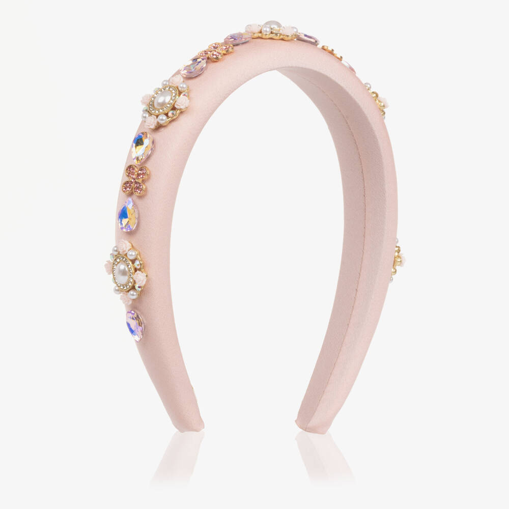 David Charles-Girls Pale Pink Satin Hairband with Crystals & Pearls | Childrensalon Outlet