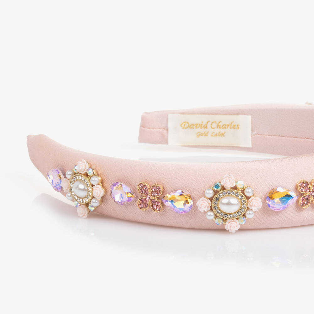 David Charles-Girls Pale Pink Satin Hairband with Crystals & Pearls | Childrensalon Outlet