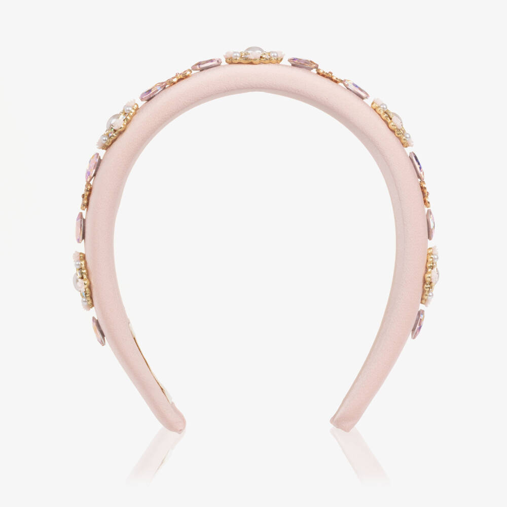 David Charles-Girls Pale Pink Satin Hairband with Crystals & Pearls | Childrensalon Outlet