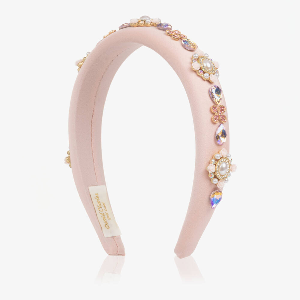 David Charles-Girls Pale Pink Satin Hairband with Crystals & Pearls | Childrensalon Outlet