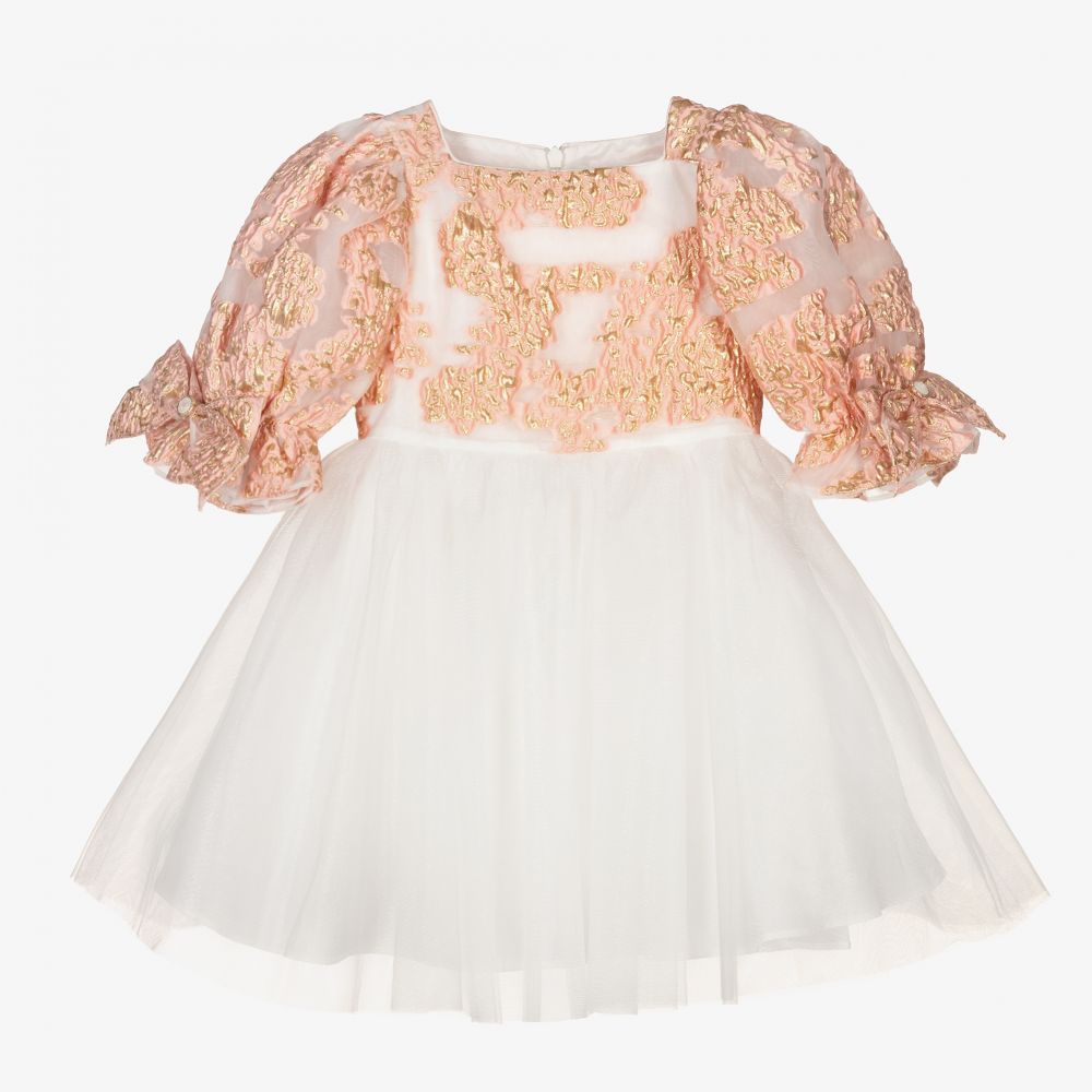 David Charles-Бело-розовое платье из парчи для девочек | Childrensalon Outlet
